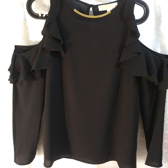 Michael Kors Black Cold Shoulder Ruffled Blouse Sm - Picture 2 of 5